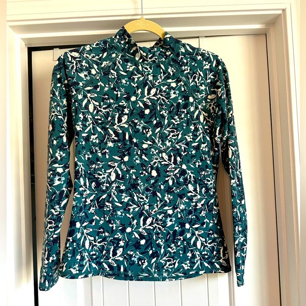 Women’s Garnet Hill M Swim Mock‎ Neck Quarter Zip Teal and Blue Flower Rashguard